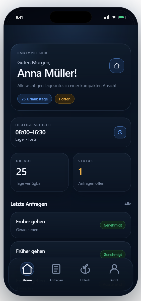 Mitarbeiter-Home: Heutige Schicht, Urlaubstage, letzte Anfragen