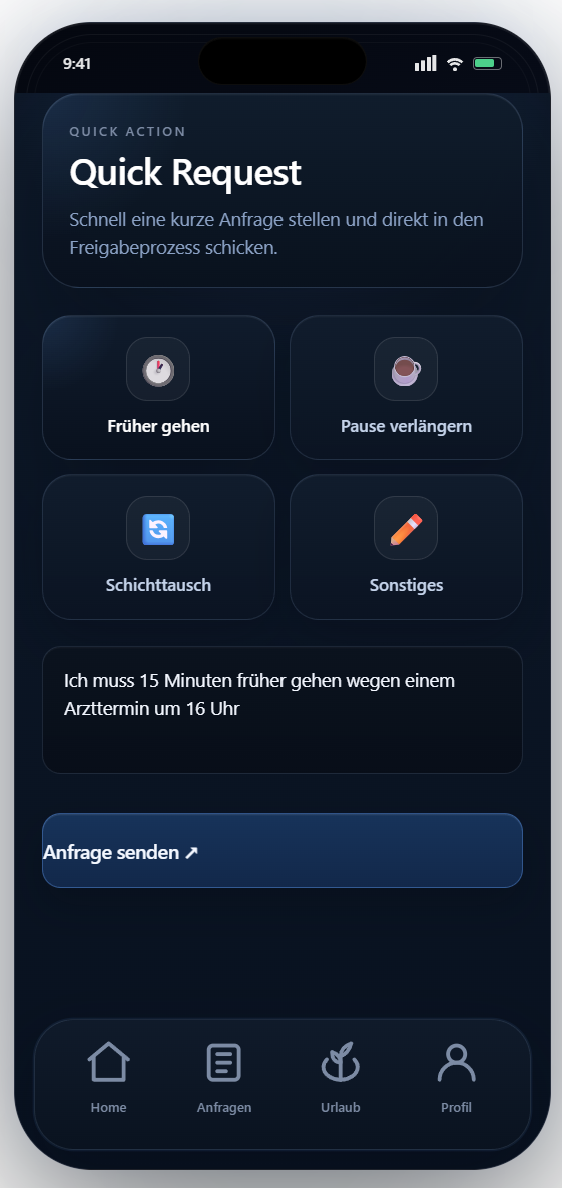 Quick Request: Notiz eingegeben, bereit zum Senden